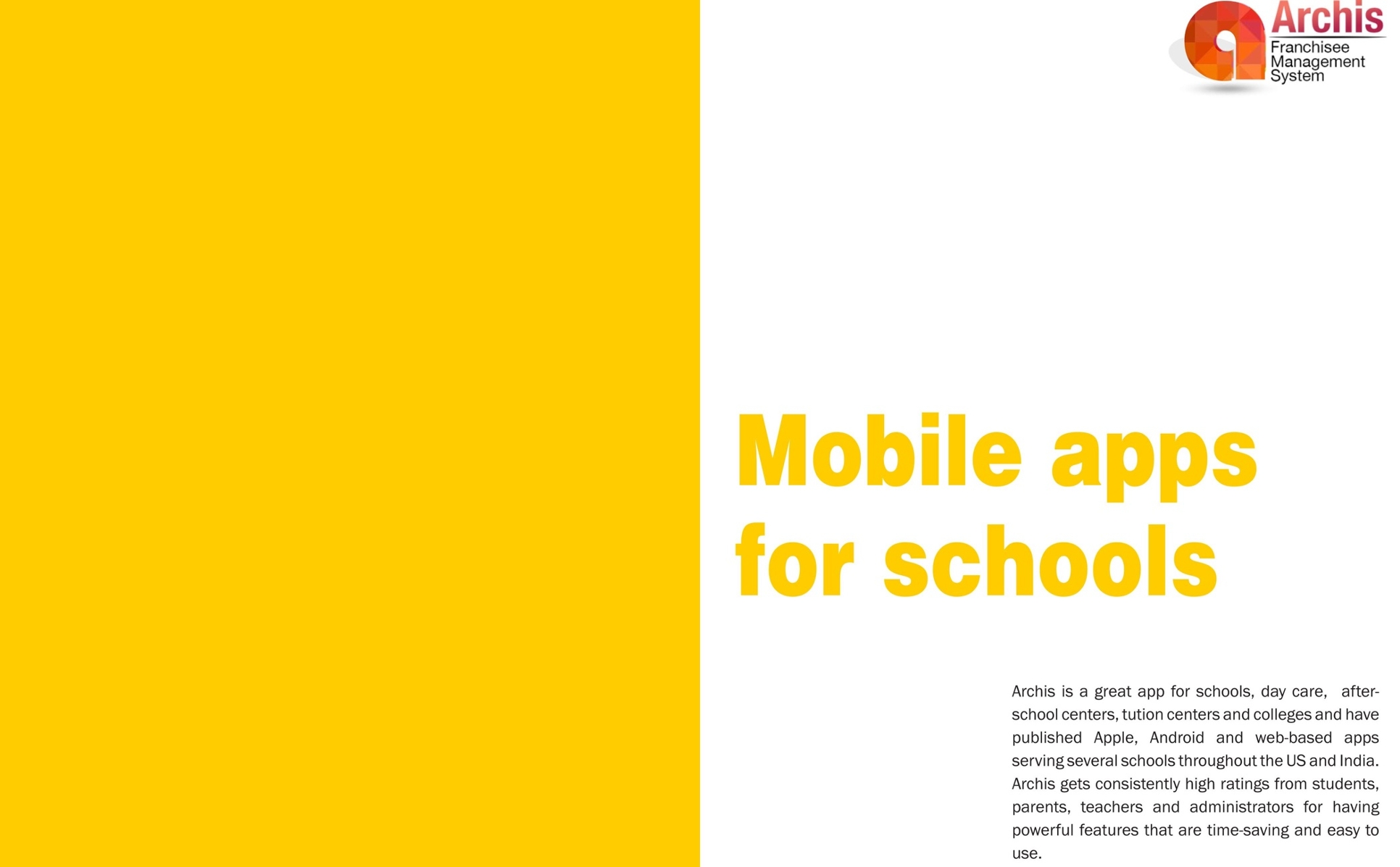 Archis brochure page — mobile apps for schools, day care, after-school and tuition centers
